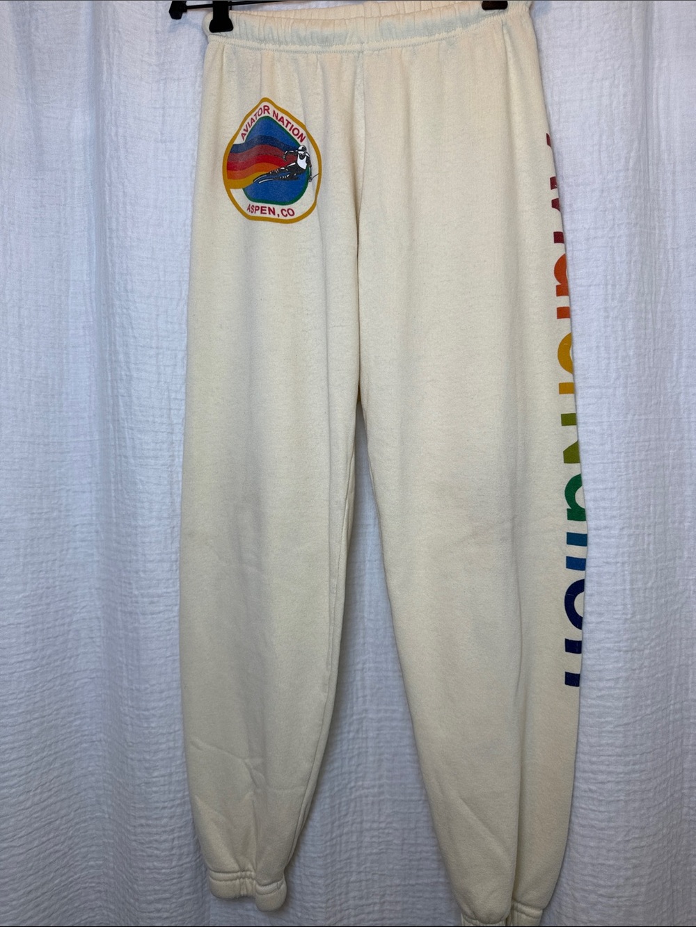 Aviator Nation Aspen Graphic Sweatpants Vintage White Cream Rainbow Logo XS